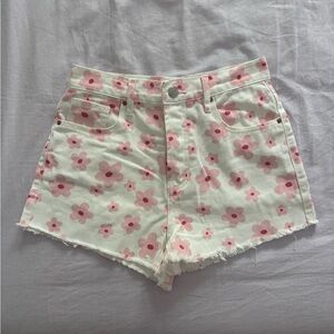 PacSun Vintage High Rise White Denim Pink Floral Short